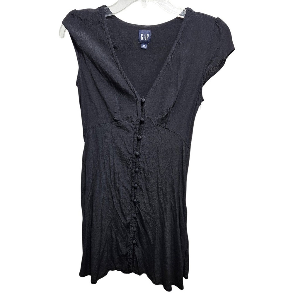 Gap Womens Black Button Front V-Neck‎ Cap Sleeve Mini Dress Size 00 LBD
